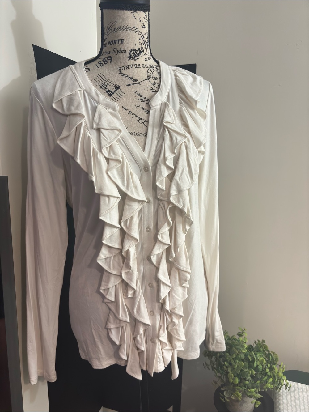 Boston Proper Ivory Ruffled Button-Front Blouse